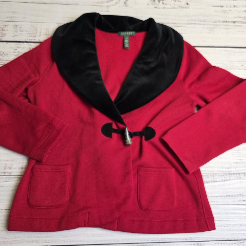 Ralph Lauren Large Red Cotton‎ Black Velvet Knit Designer Womens Jacket Blazer